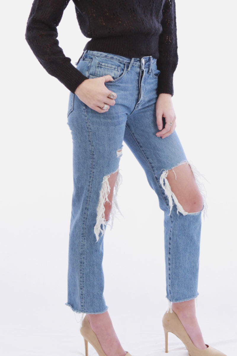 Fly Distressed Denim Ripped Jeans